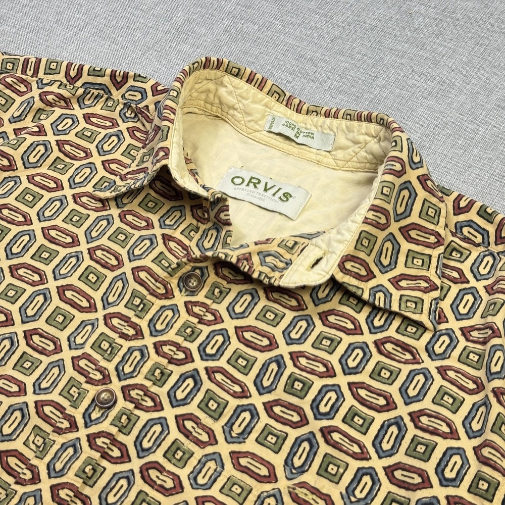Orvis Geometric Button-Up Shirt Mens M Beige‎ Short Sleeve Cotton Lightweight